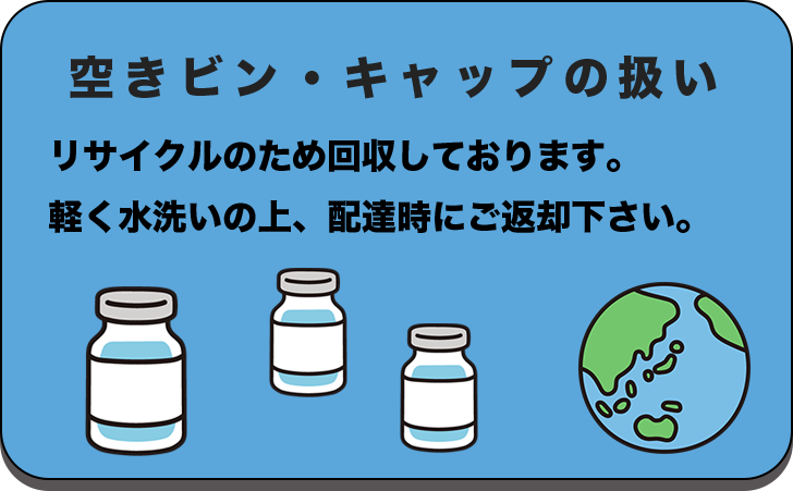 空きビン・キャップの扱い リサイクルのため回収しております。軽く水洗いの上、配達時にご返却下さい。